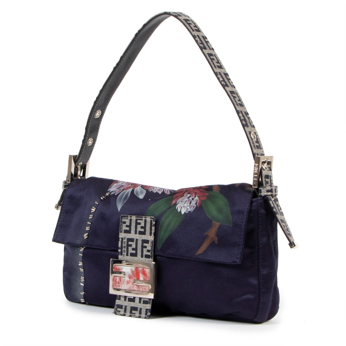 Fendi Blue Satin Floral Baguette