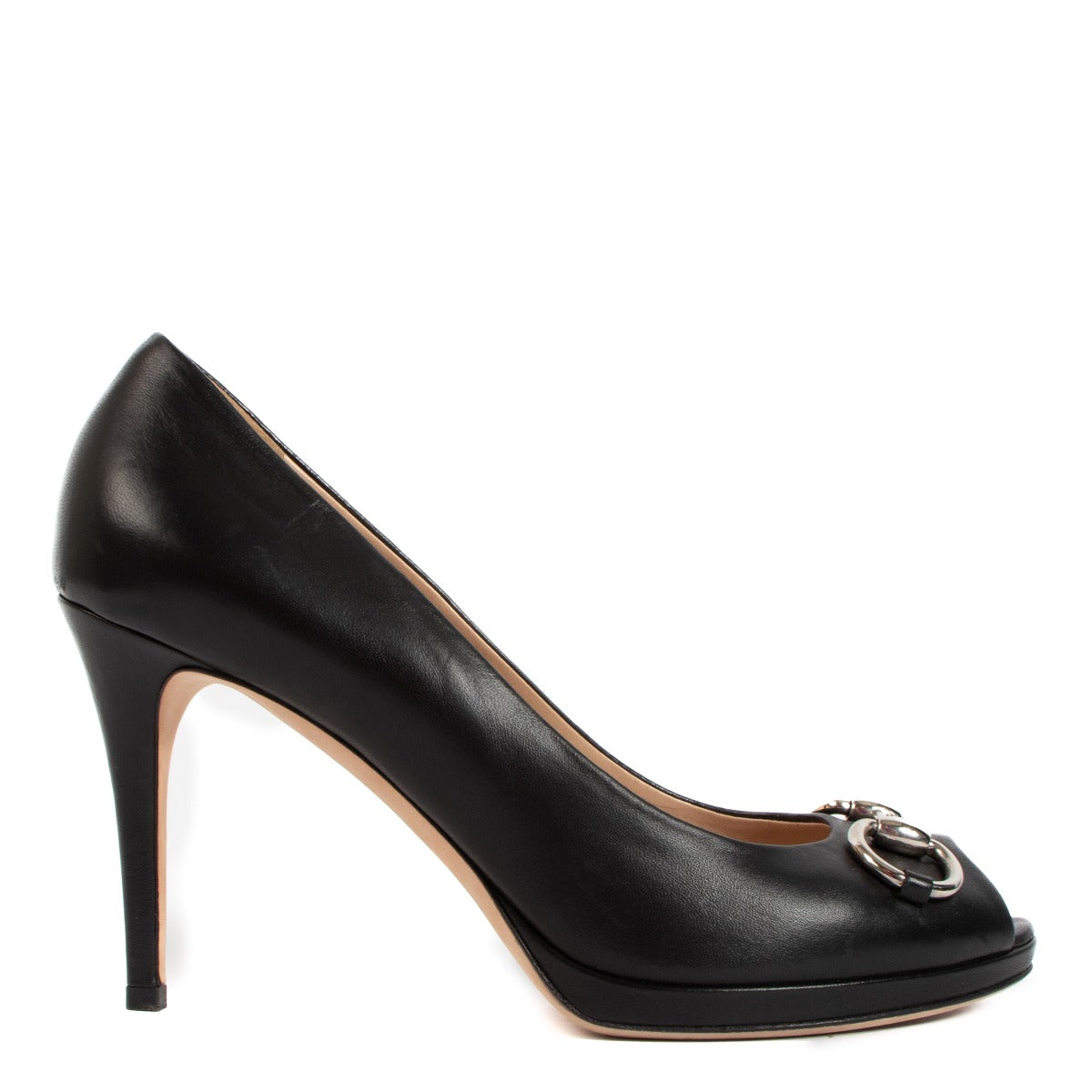 Gucci Black Horsebit Open Toe Pumps