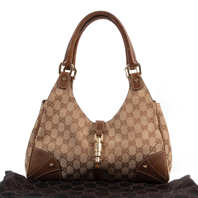 Veilig online kopen van authentieke Gucci Monogram Canvas Bardot handtas