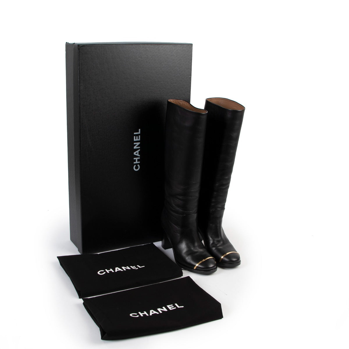 shop authentic second hand Métier D'art Pre Fall 2012 Chanel Black Gold Metal Classic High Boots at Labellov