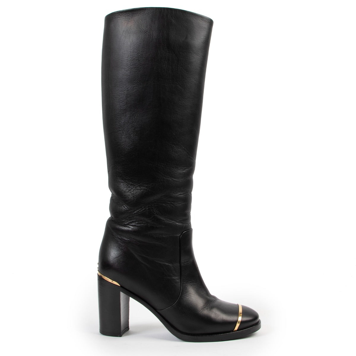 shop authentic second hand Métier D'art Pre Fall 2012 Chanel Black Gold Metal Classic High Boots at Labellov