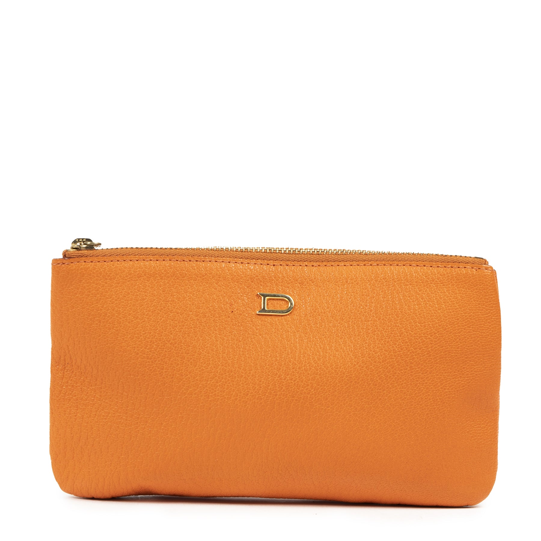 Authentieke Tweedehands Delvaux Orange Leather Pochette juiste prijs veilig online shoppen luxe merken webshop winkelen Antwerpen België mode fashion