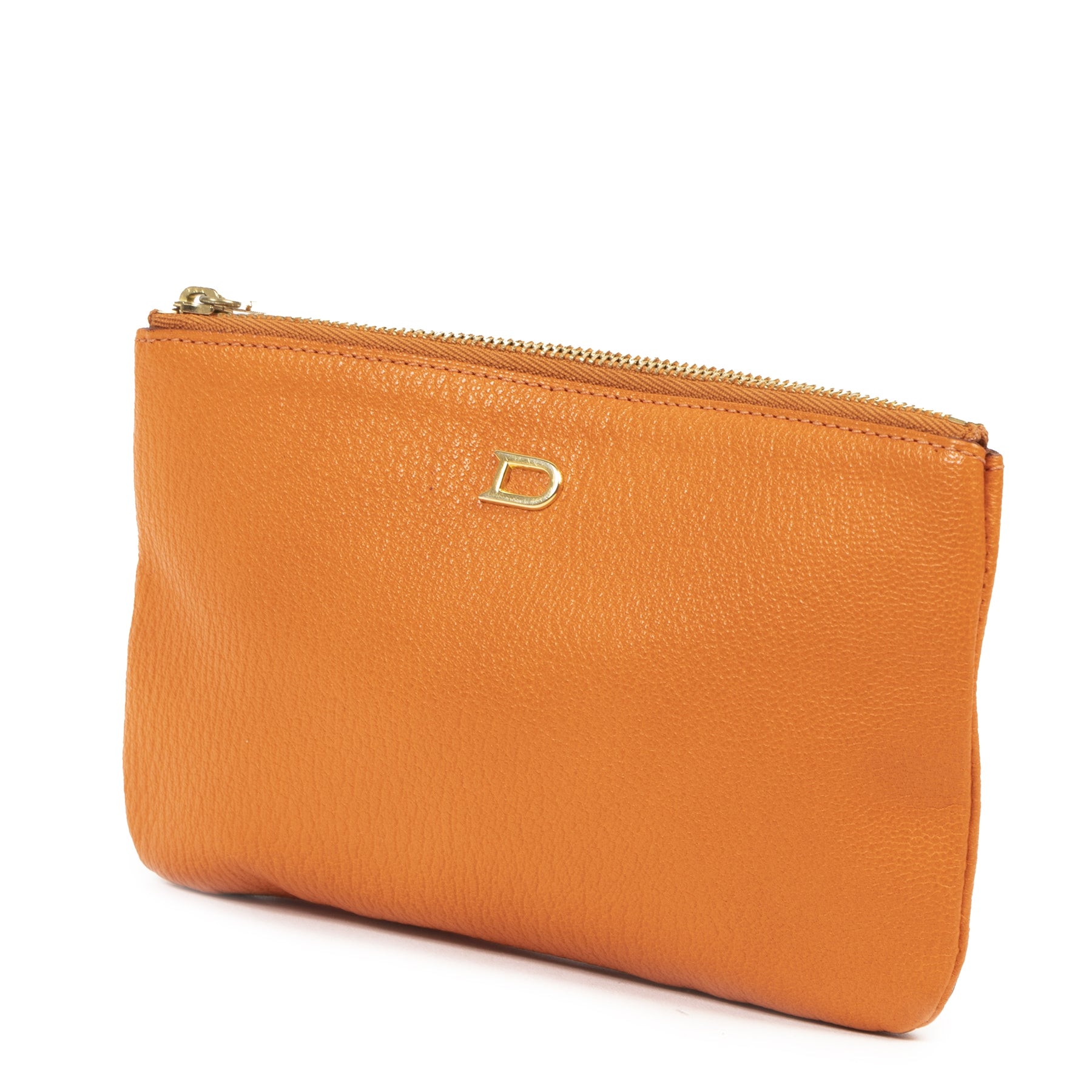 Authentieke Tweedehands Delvaux Orange Leather Pochette juiste prijs veilig online shoppen luxe merken webshop winkelen Antwerpen België mode fashion
