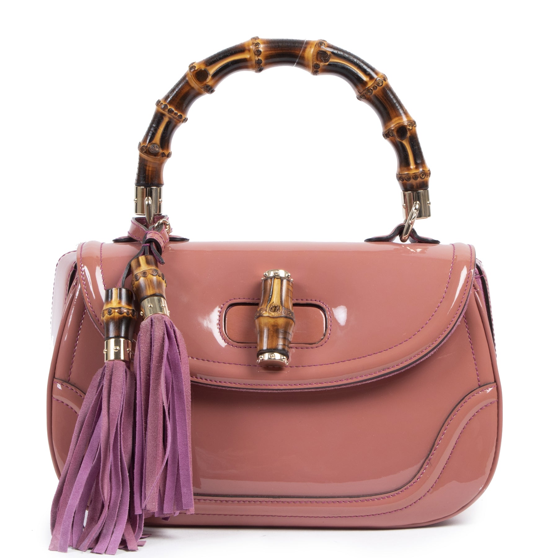 Authentic secondhand Gucci Pink Patent Leather Bamboo Top Handle Bag fashion luxury vintage webshop safe secure online shopping