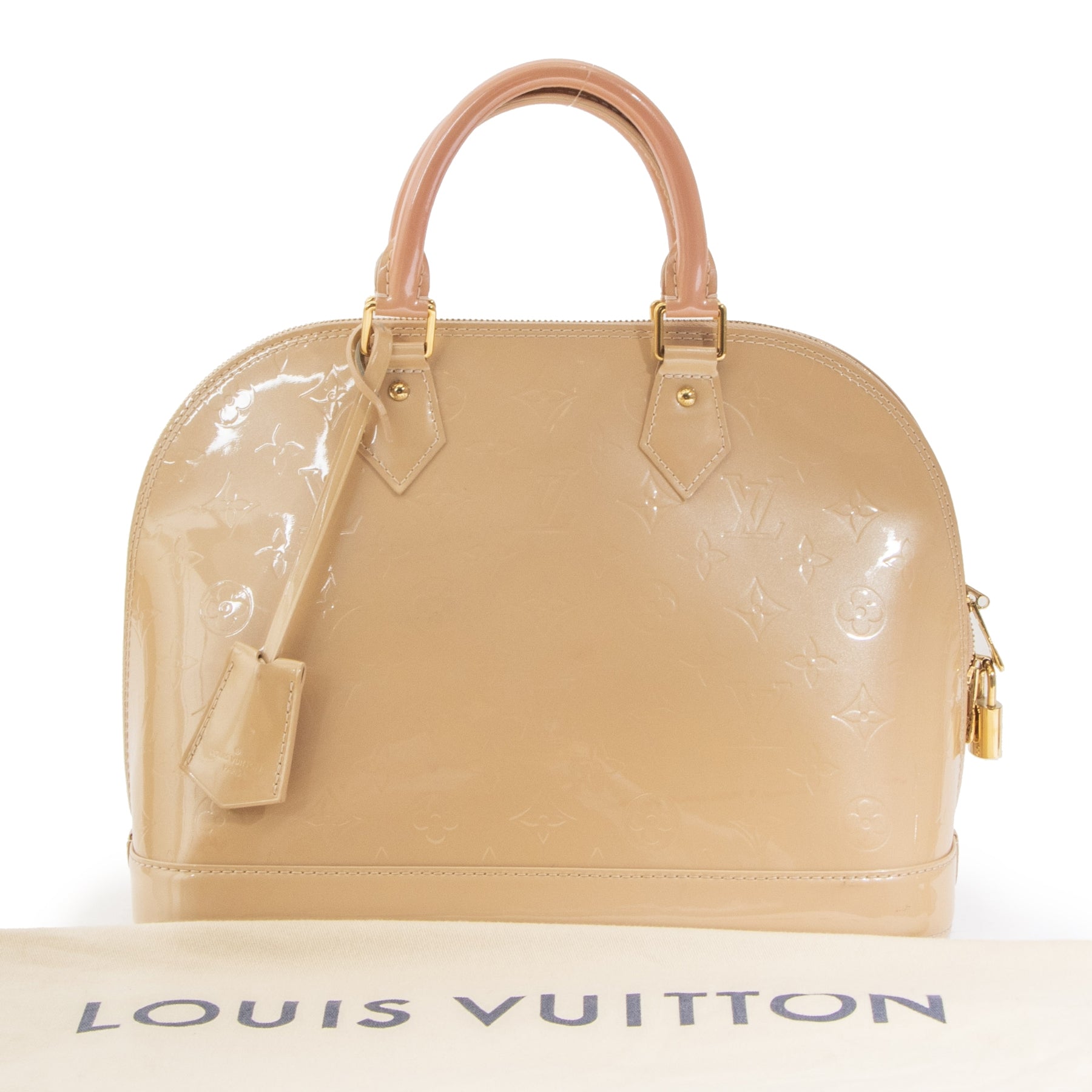 Authentieke tweedehands vintage Louis Vuitton Alma BB Beige Monogram Vernis koop online webshop LabelLOV