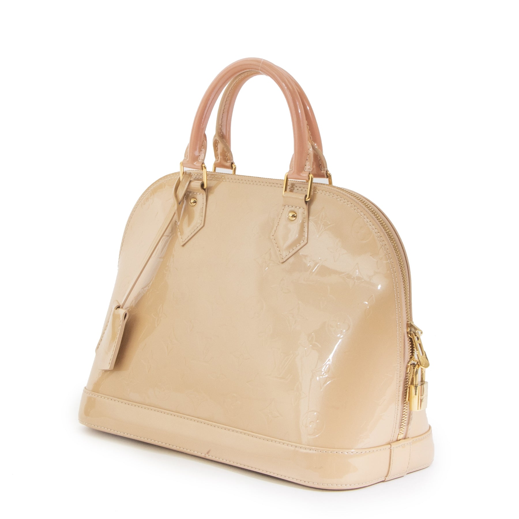 Authentic second-hand vintage Louis Vuitton Alma BB Beige Monogram Vernis buy online webshop LabelLOV