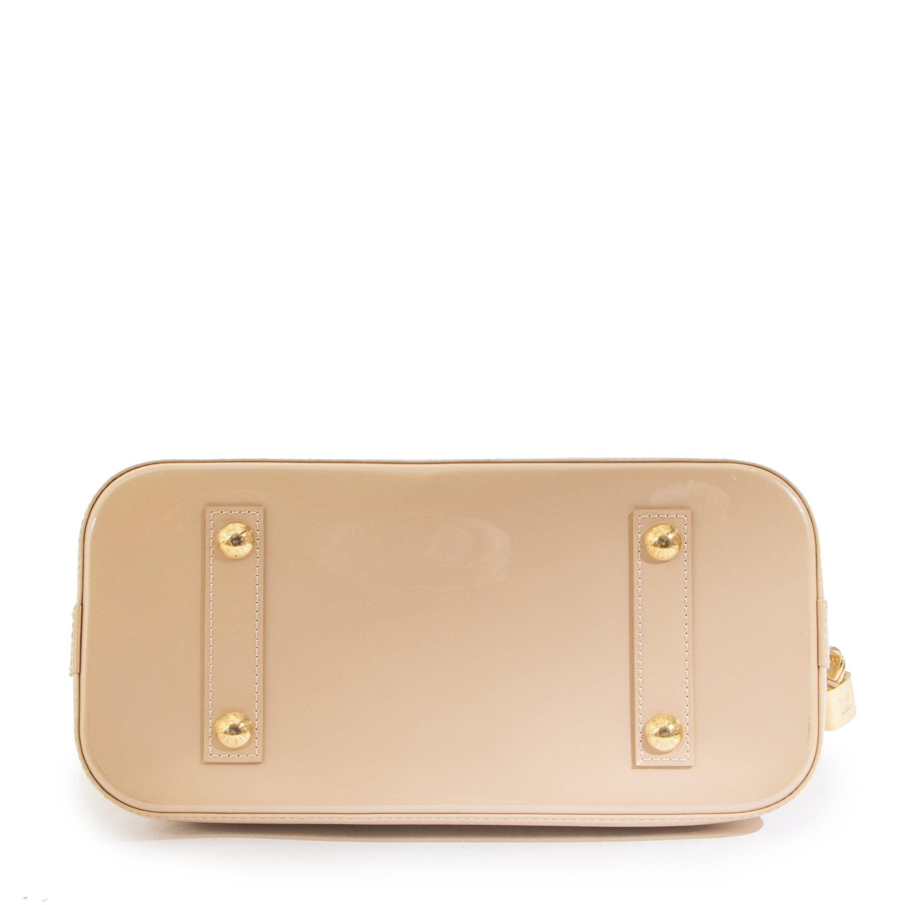 Authentieke tweedehands vintage Louis Vuitton Alma BB Beige Monogram Vernis koop online webshop LabelLOV