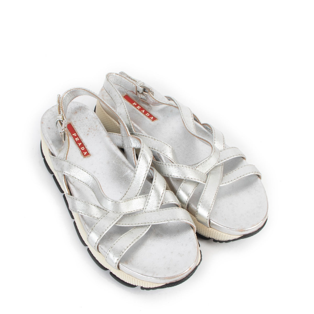 Prada Linea Rossa Silver Leather Platform Sandals - Size 38.5