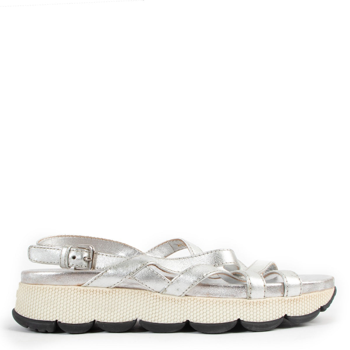 Prada Linea Rossa Silver Leather Platform Sandals - Size 38.5