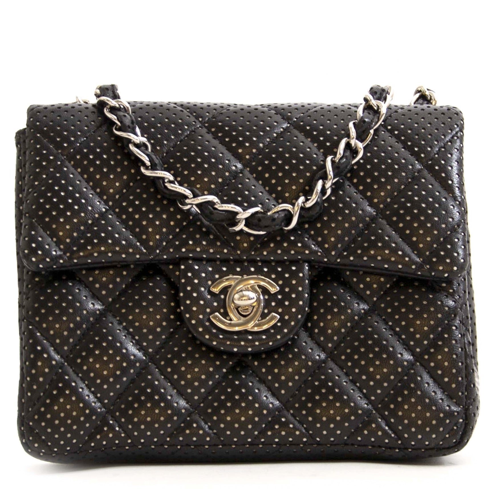 Authentieke tweedehands vintage Chanel Mini Square Perforated Quilted Bag koop online webshop LabelLOV