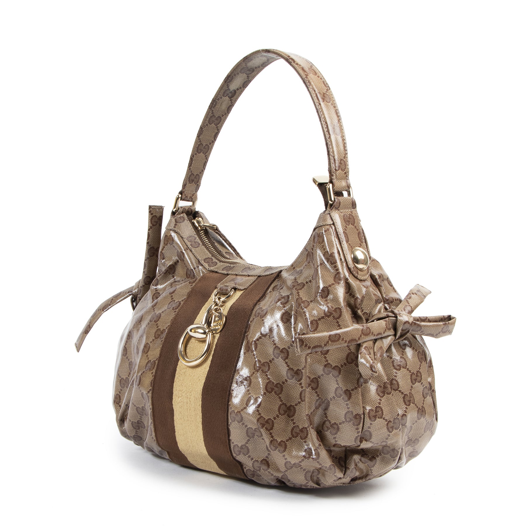 Authentieke Tweedehands Gucci Monogram Crystal Web Stripe Shoulder Bag juiste prijs veilig online shoppen luxe merken webshop