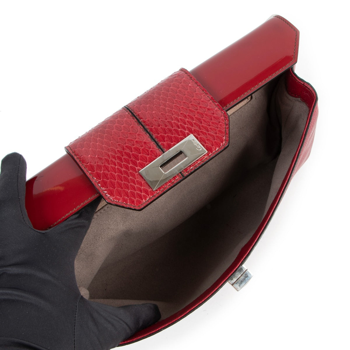 Cartier Red Leather And Python Turnlock Clutch With Chain