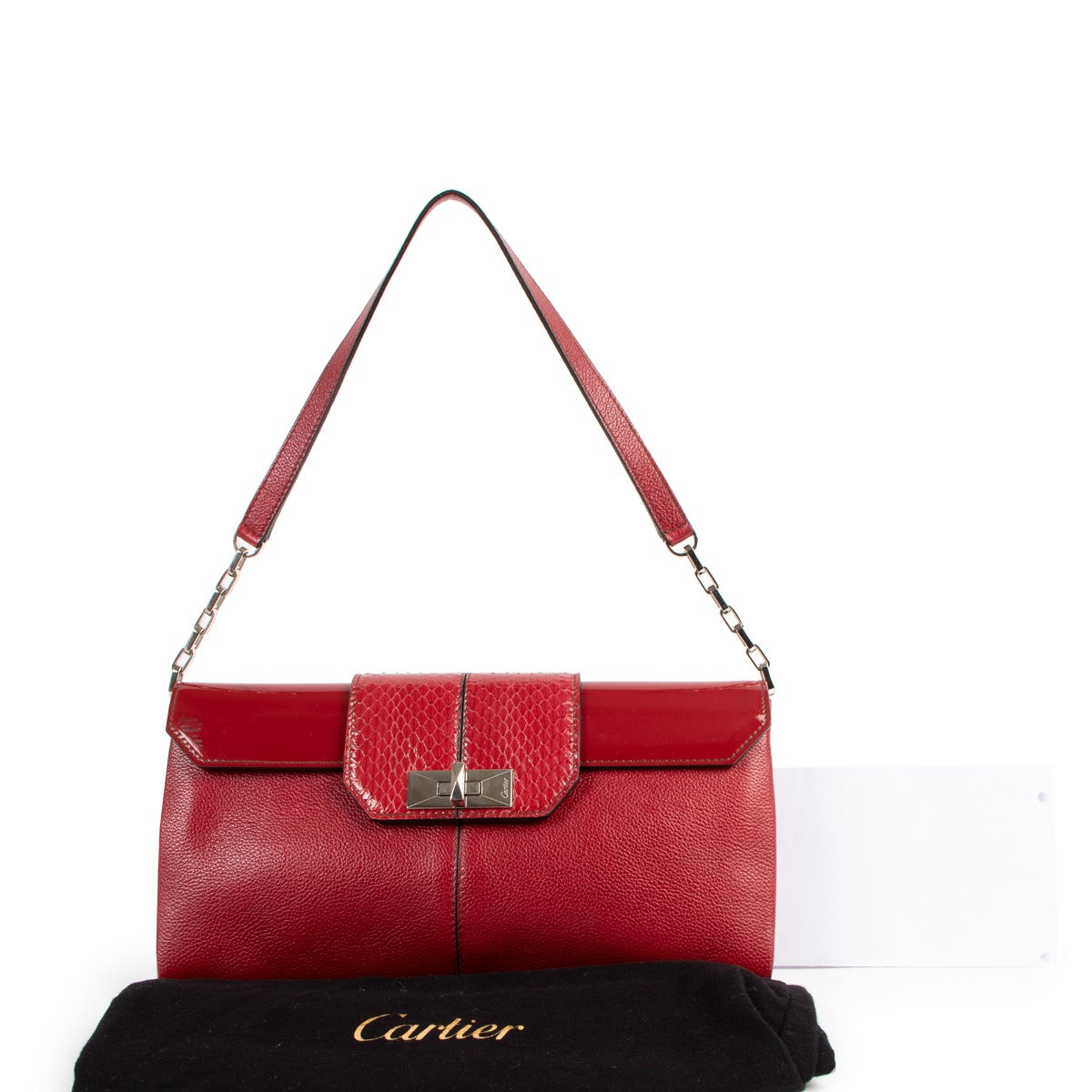 Cartier Red Leather And Python Turnlock Clutch With Chain