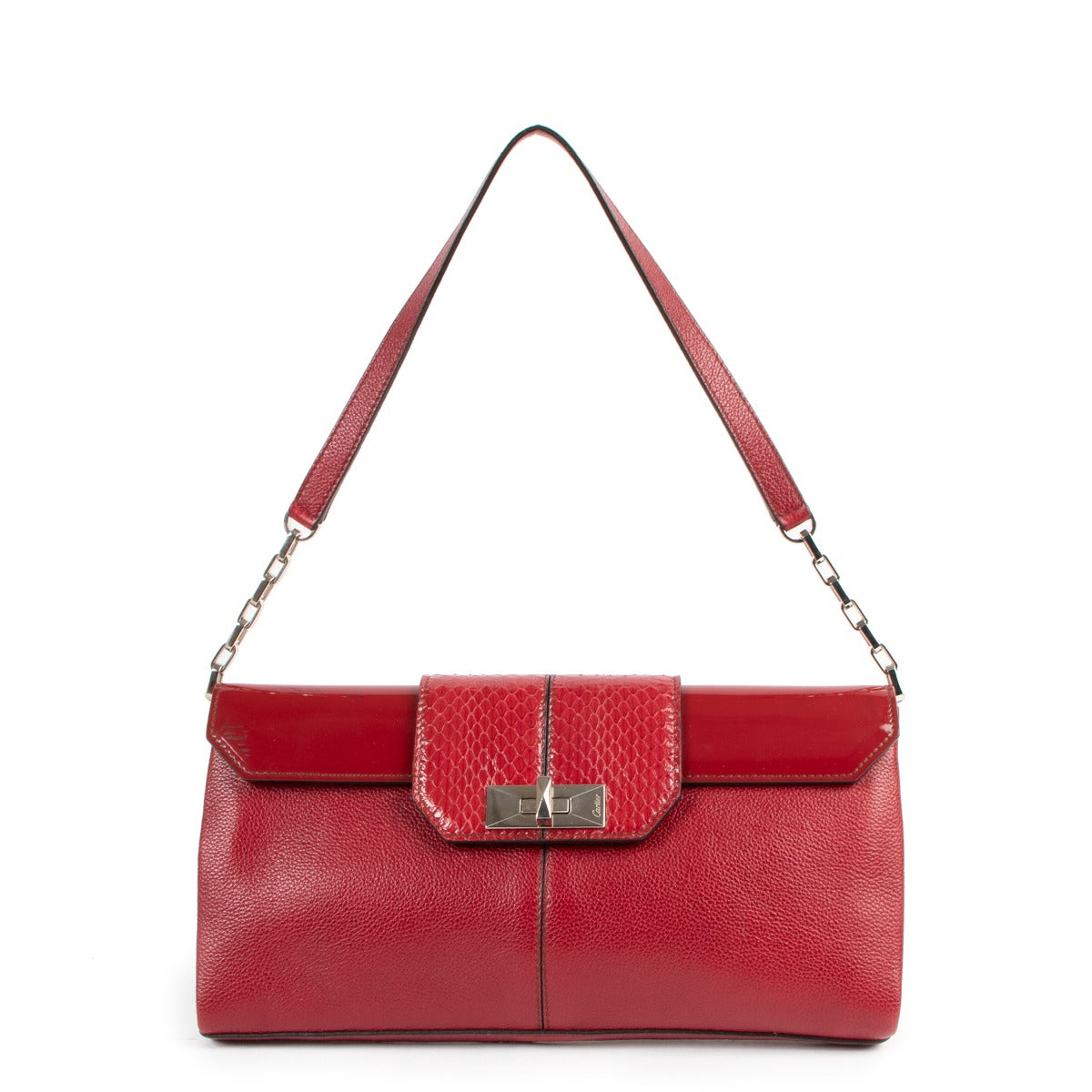 Cartier Red Leather And Python Turnlock Clutch With Chain