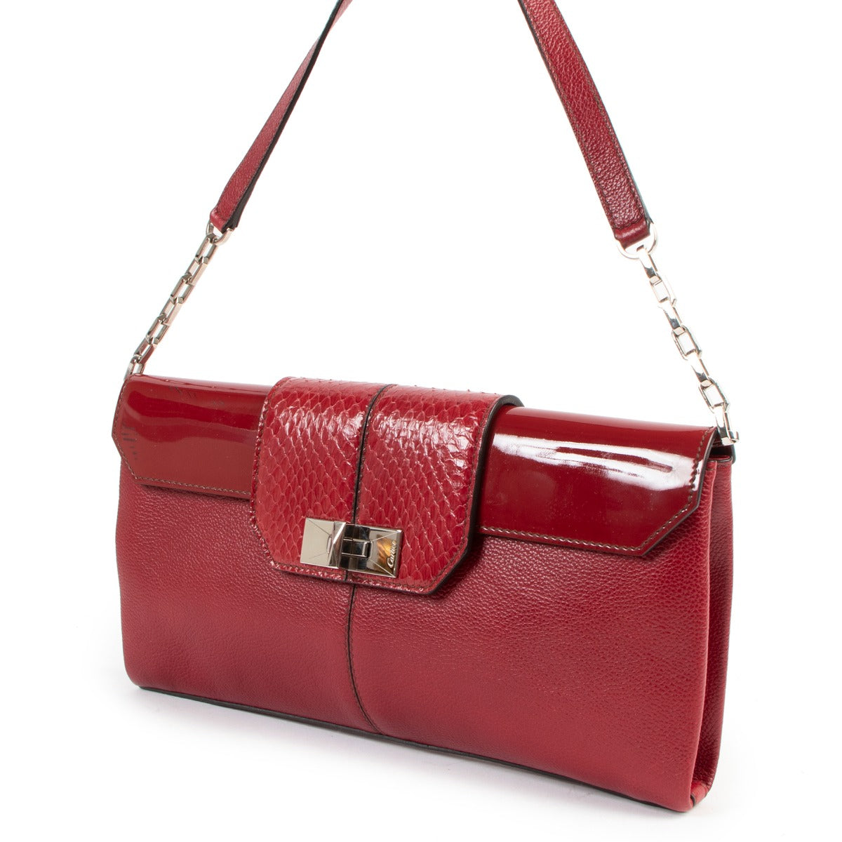 Cartier Red Leather And Python Turnlock Clutch With Chain