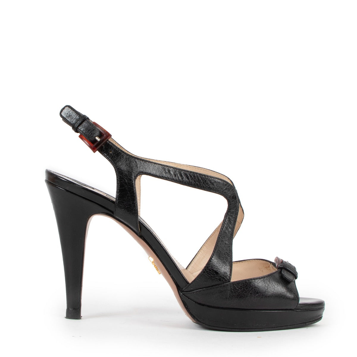 Prada Black Vitello Shine Strappy Sandals
