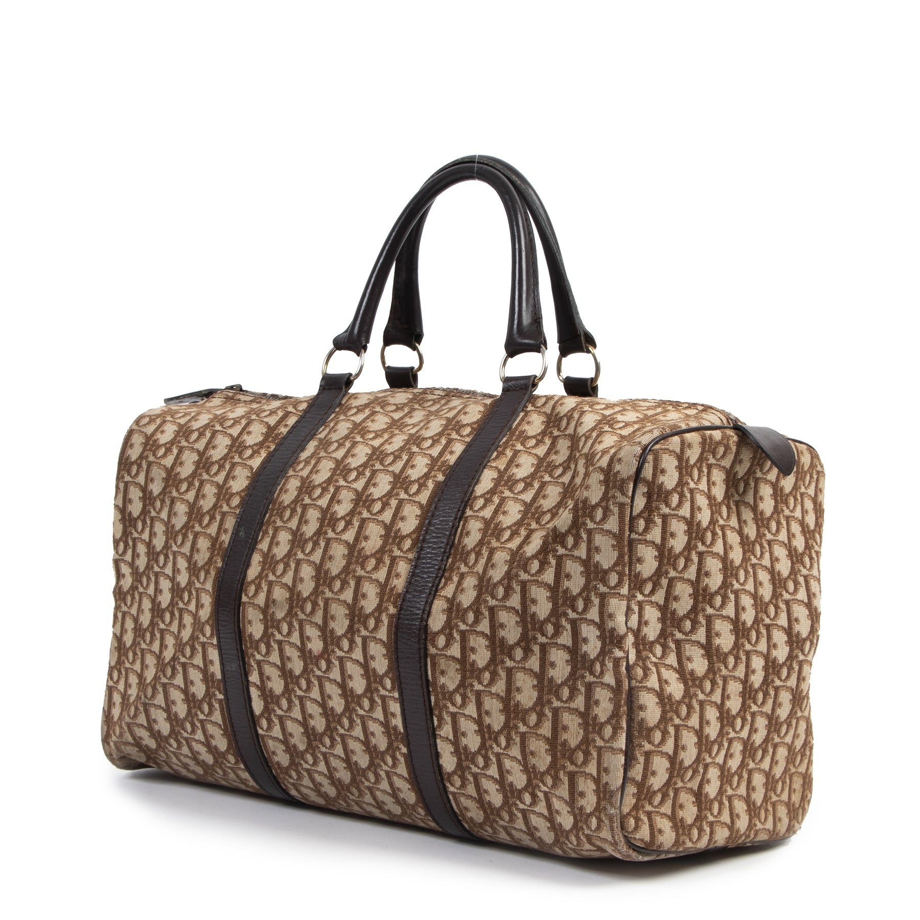 Authentieke Tweedehands Christian Dior Brown Monogram Canvas Boston Bag juiste prijs veilig online shoppen luxe merken webshop winkelen Antwerpen België mode fashion