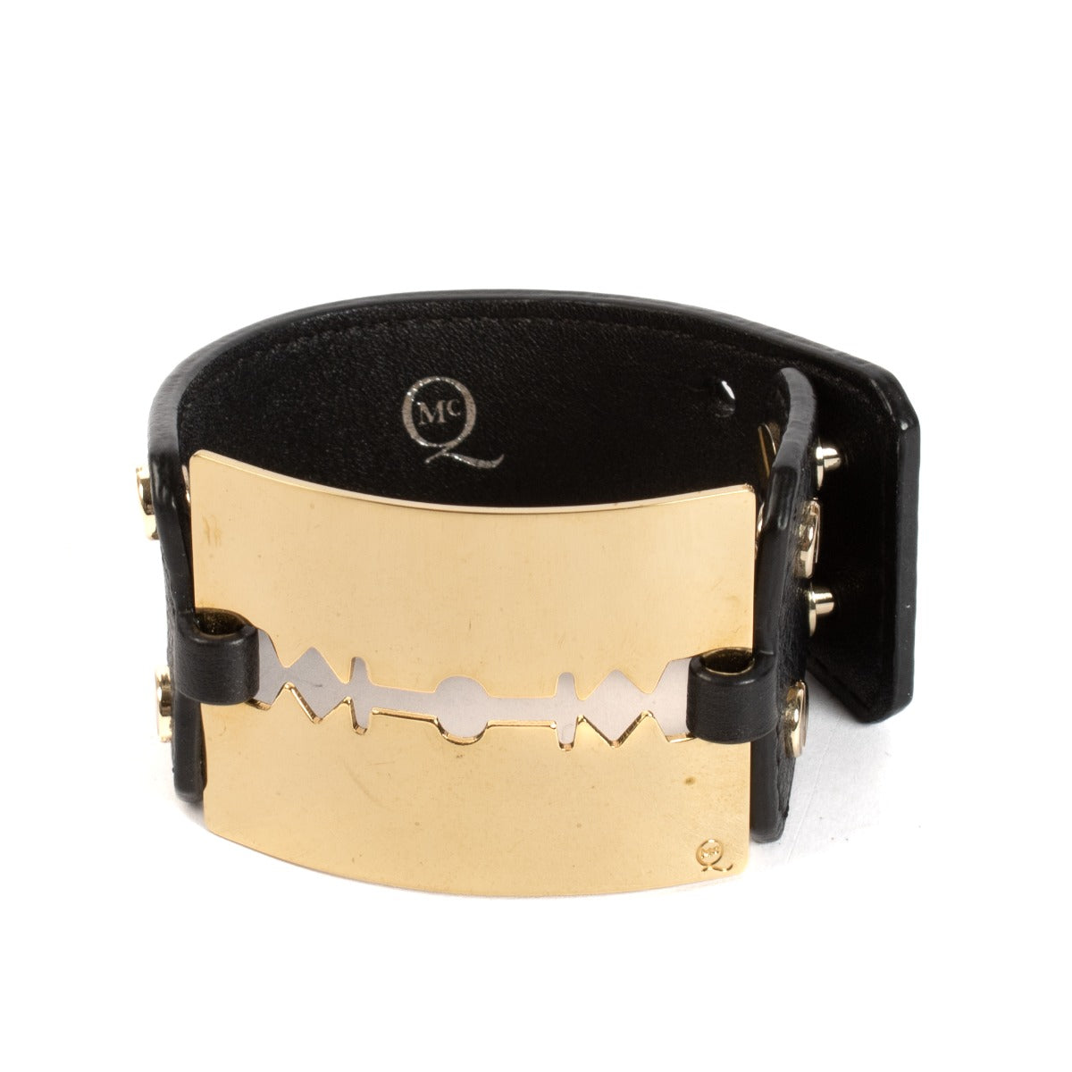 Ensemble bague tête de mort en cristal doré et bracelet en cuir lame de rasoir Alexander McQueen