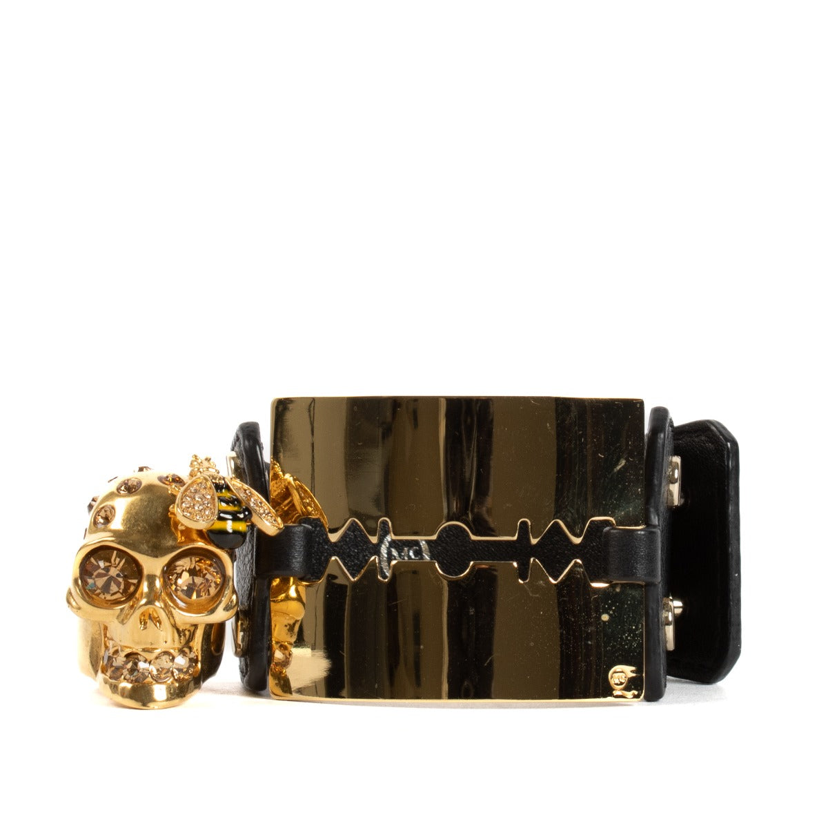 Ensemble bague tête de mort en cristal doré et bracelet en cuir lame de rasoir Alexander McQueen