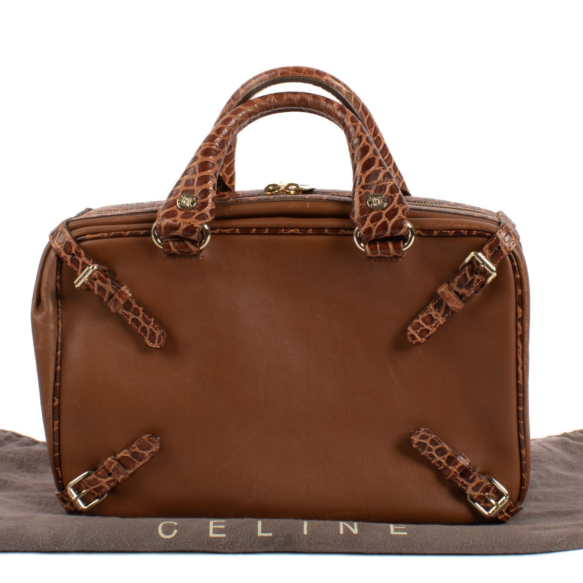 Celine Brown Crocodile Embossed Leather Trunkette Bag