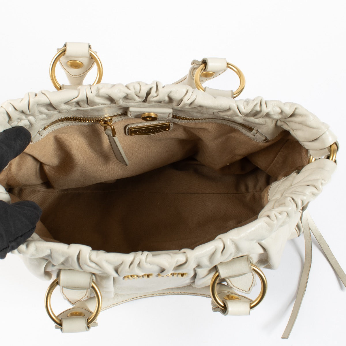 Sac cabas en cuir froncé blanc Vitello Lux Miu Miu