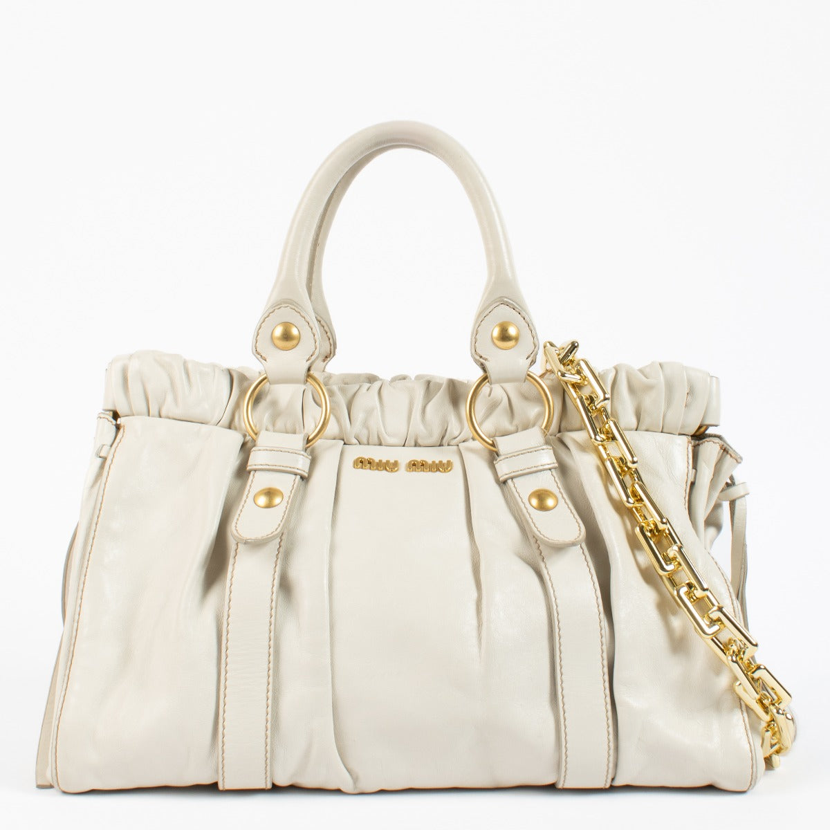 Miu Miu White Vitello Lux Gathered Leather Tote Bag