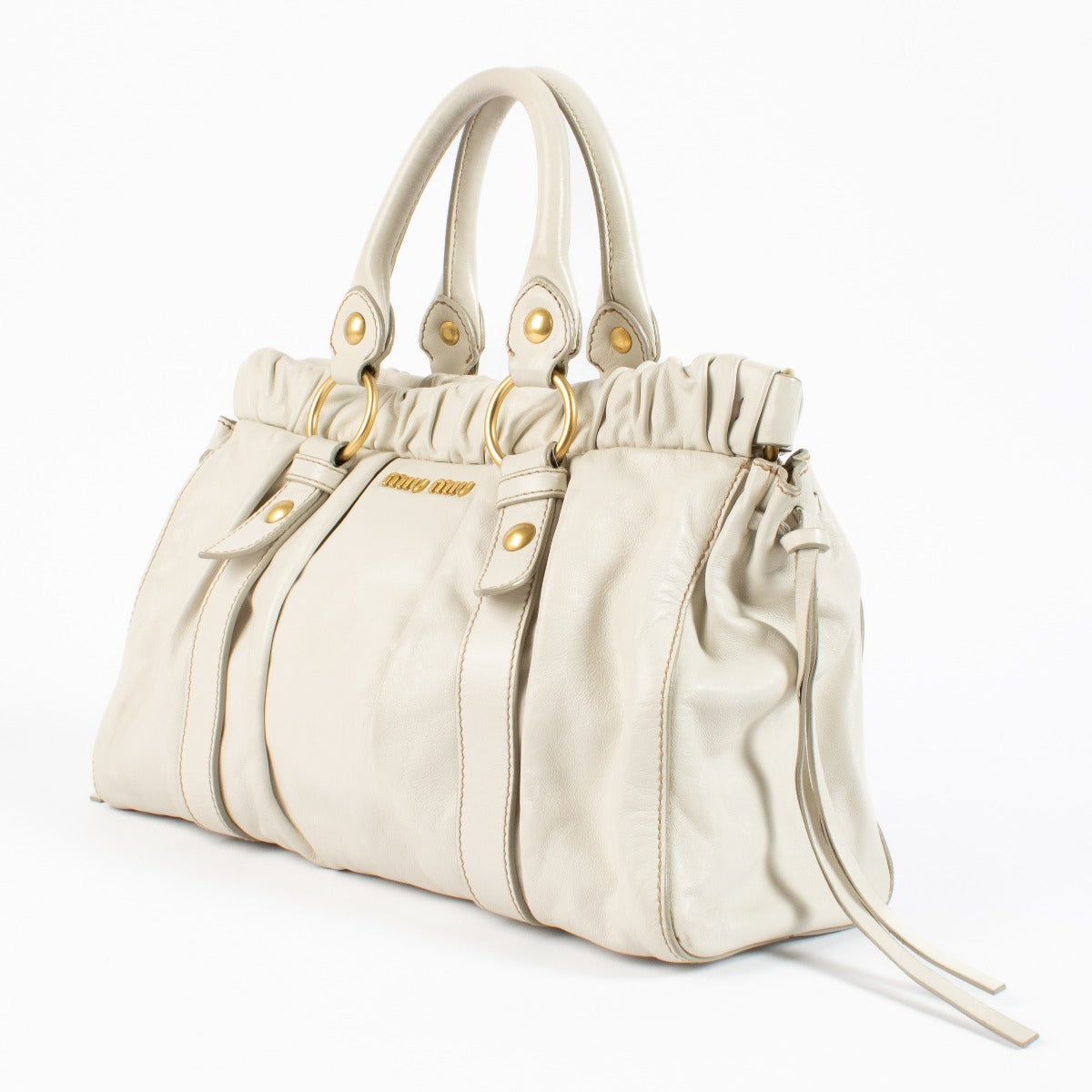 Sac cabas en cuir froncé blanc Vitello Lux Miu Miu