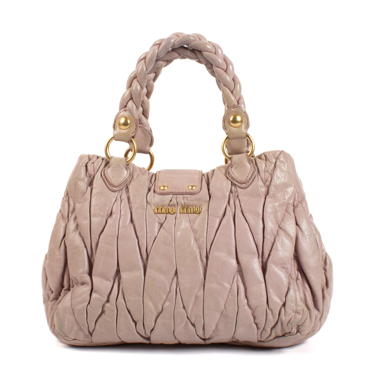 Shop safe online at Labellov in Antwerp, Brussels and Knokke this 100% authentic second hand designer Miu Miu Dusty Pink Matelasse Top Handle Bag