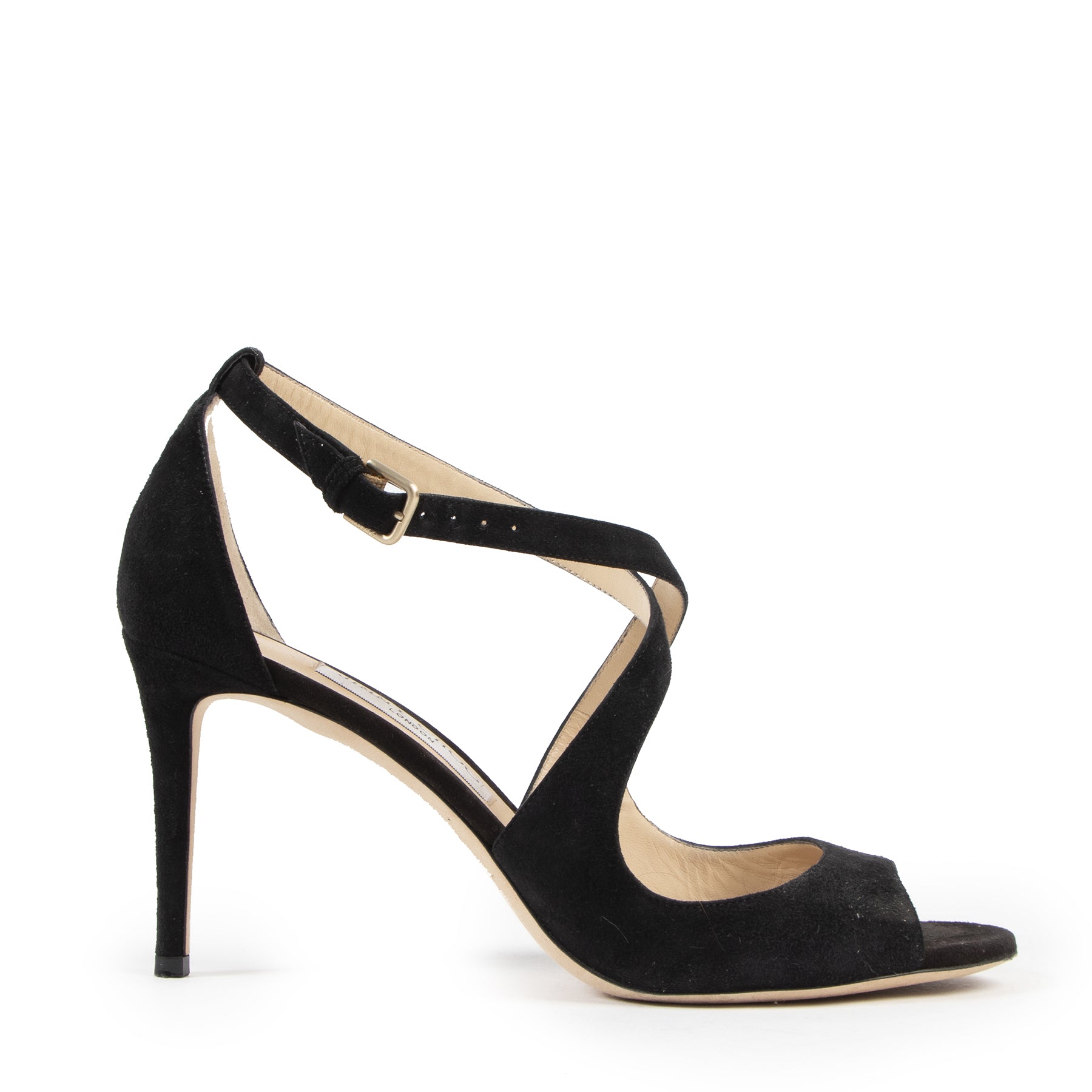 Authentieke Tweedehands Jimmy Choo Black Suede Emily Sandal Heels - Size 40 juiste prijs veilig online shoppen luxe merken webshop winkelen Antwerpen België mode fashion