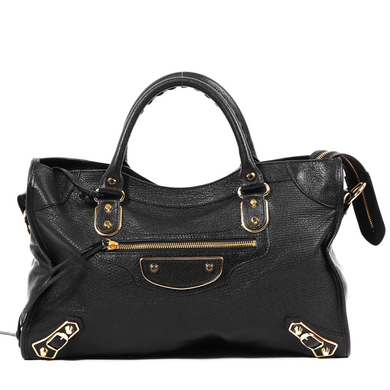 Buy an authentic second-hand Black Goatskin Metallic Edge Classic City Top Handle Bag in very good condition at Labellov in Antwerp.