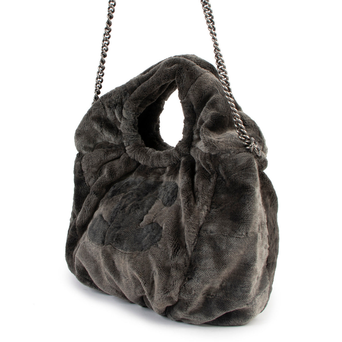 Sac bandoulière Chanel Hobo convertible gris en fausse fourrure CC moyen