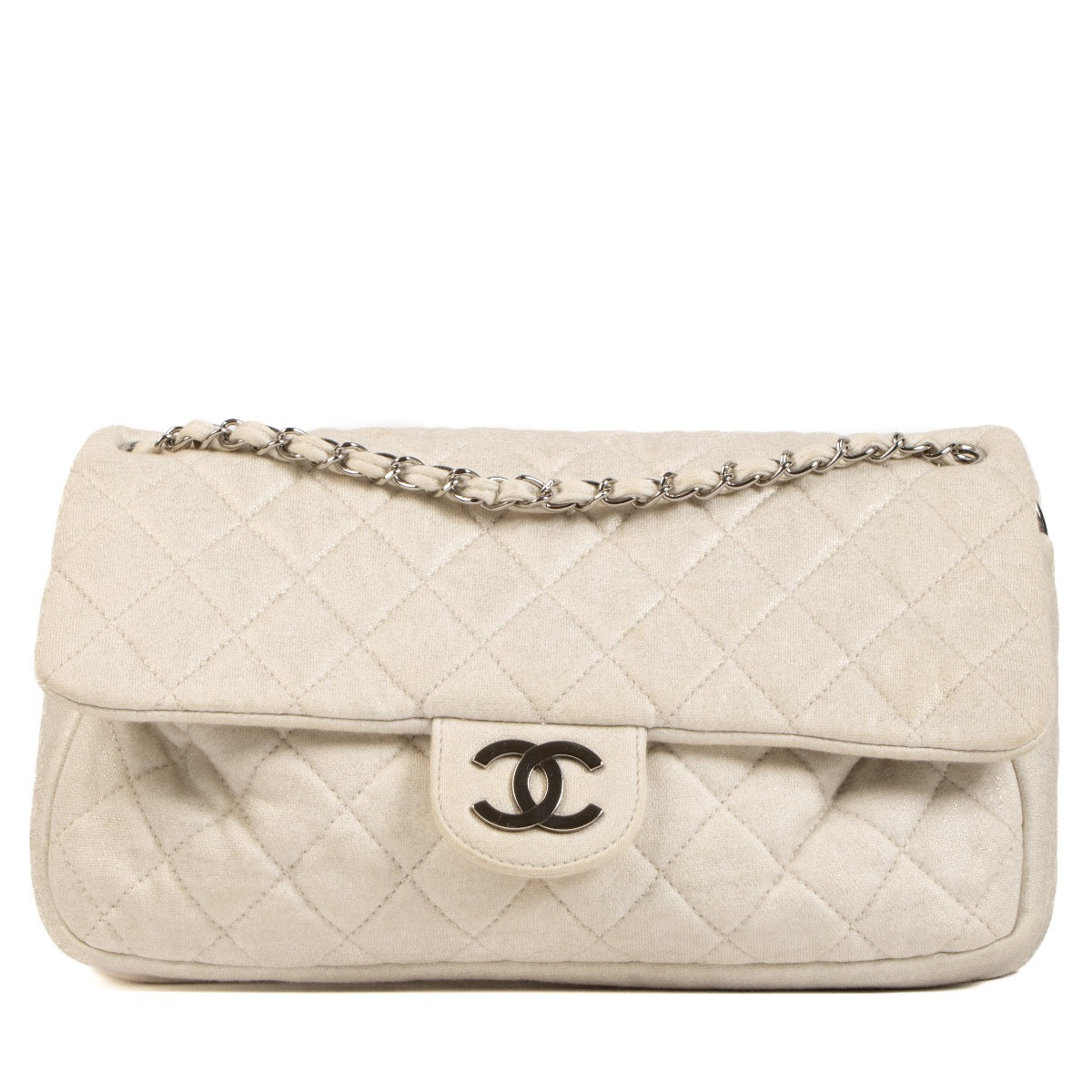 Shop 100% authentic second-hand Chanel Shimmer Craie Jersey Classic Flap Bag on Labellov.com