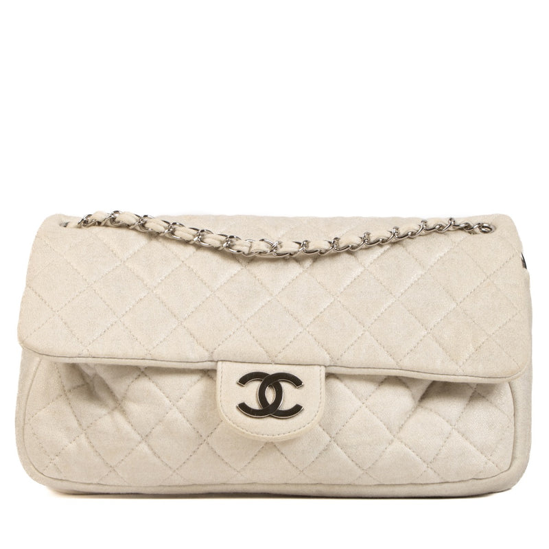 Shop 100% authentic second-hand Chanel Shimmer Craie Jersey Classic Flap Bag on Labellov.com