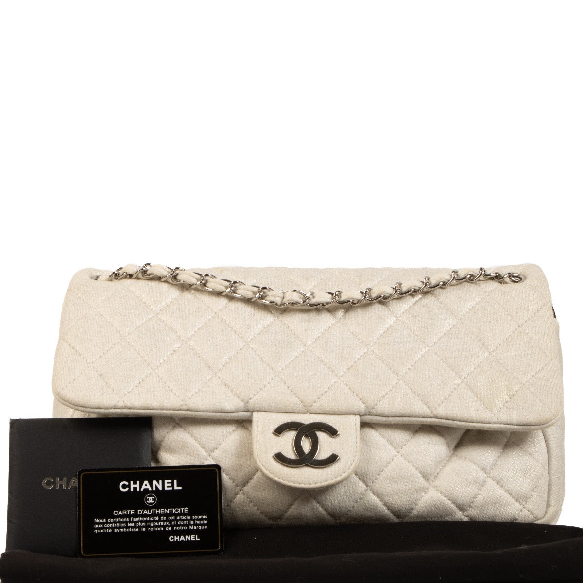 Shop 100% authentic second-hand Chanel Shimmer Craie Jersey Classic Flap Bag on Labellov.com