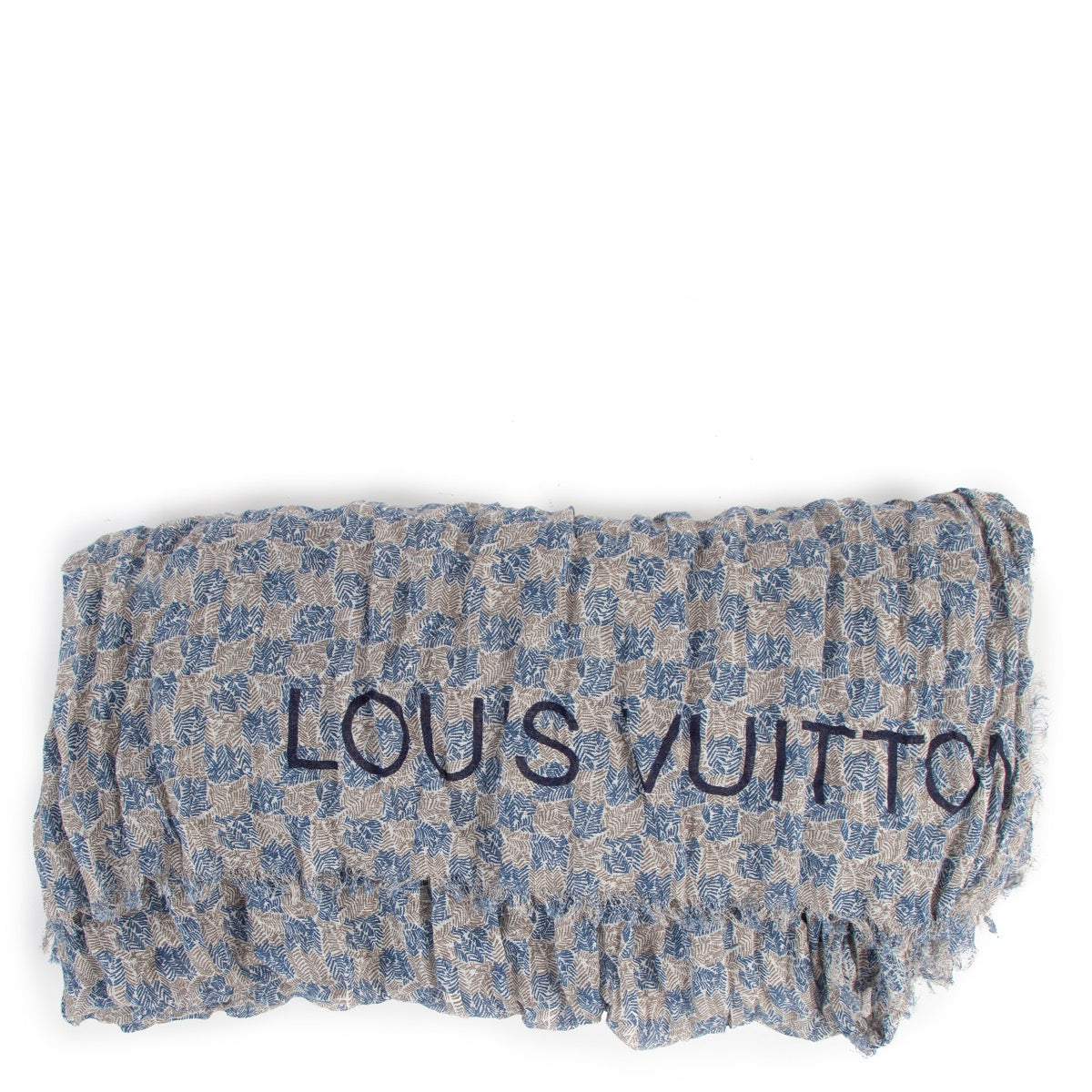 Shop safe online at Labellov in Antwerp this 100% authentic second hand Louis Vuitton Blue Print Cotton and Linen Scarf
