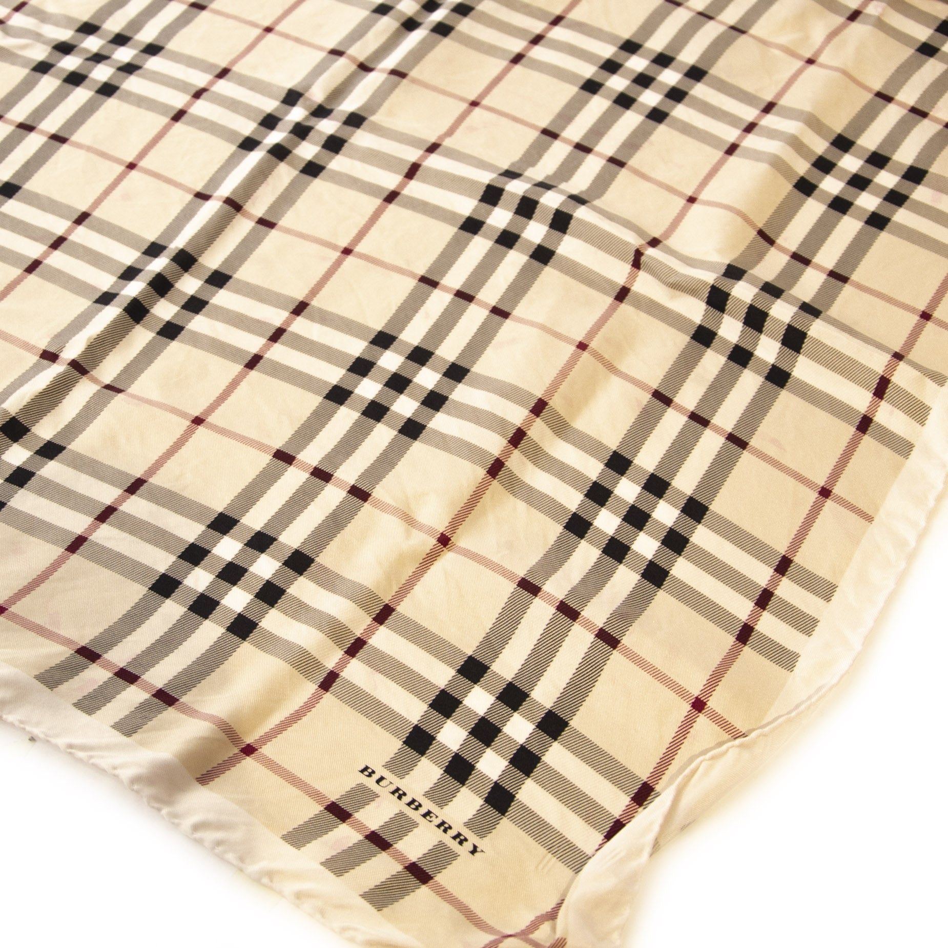Authentieke Tweedehands Burberry Beige Check Silk Scarf juiste prijs veilig online shoppen luxe merken webshop winkelen Antwerpen België mode fashion