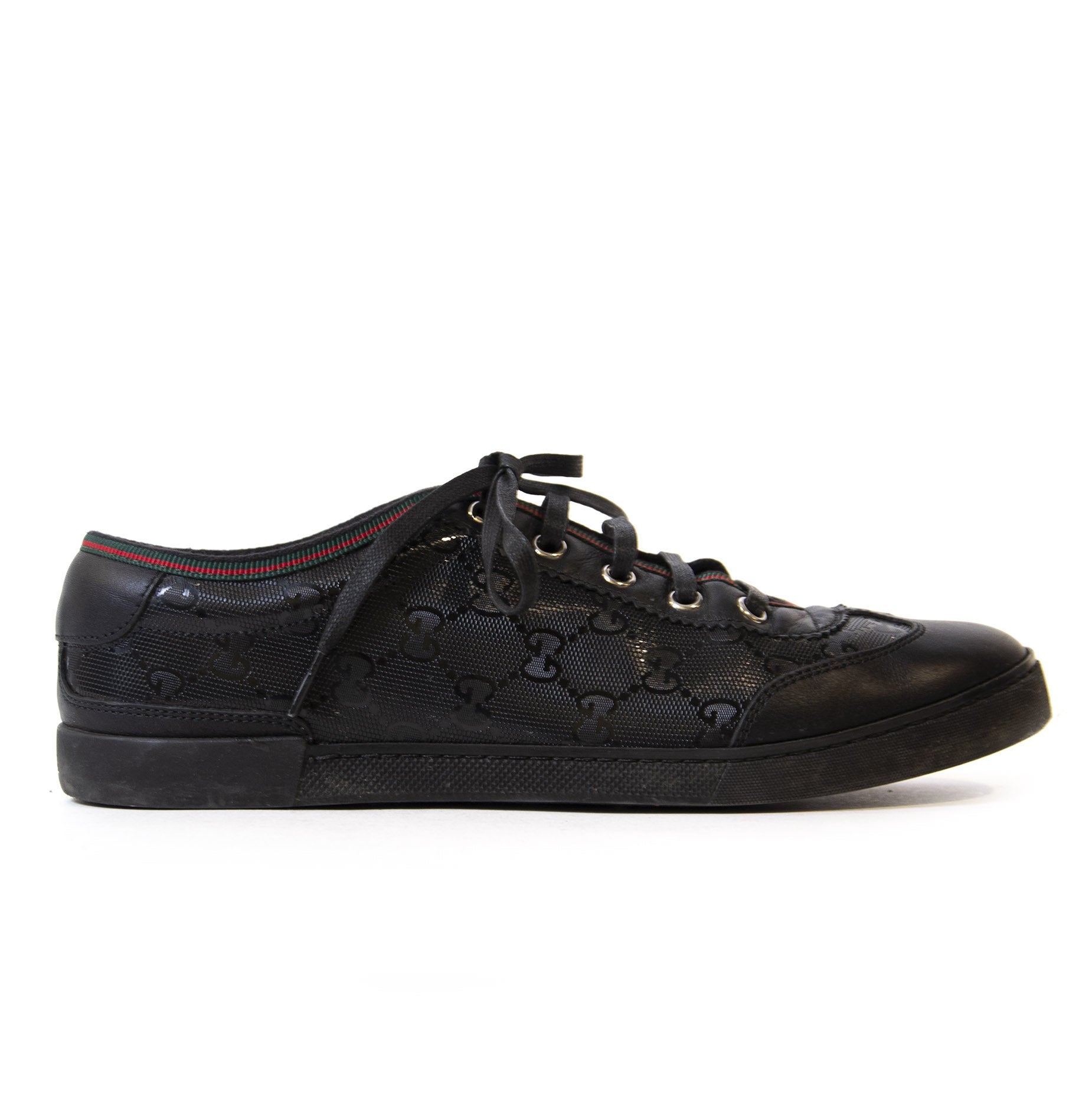 Gucci Black Monogram Sneakers with Red Green Detail
