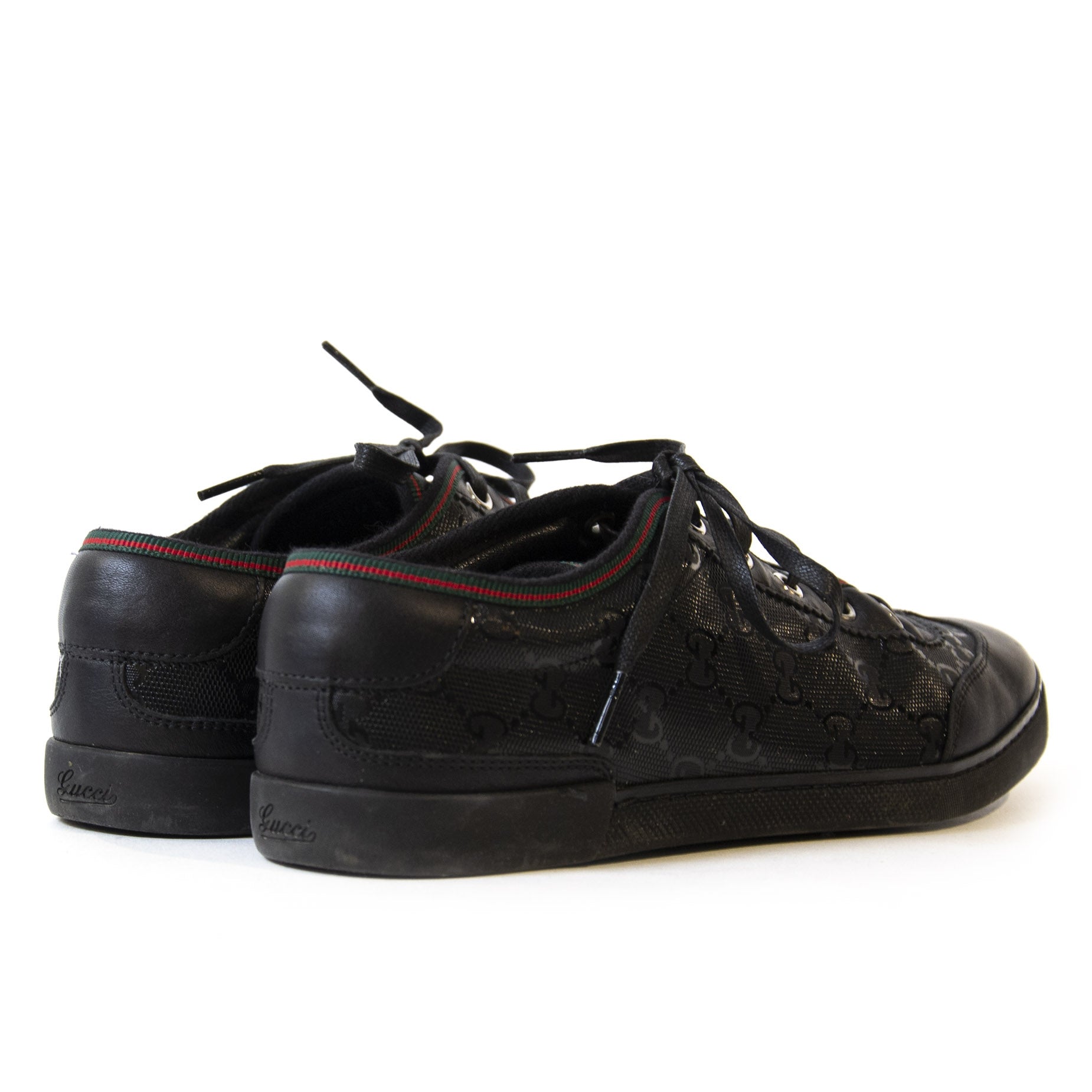 Gucci Black Monogram Sneakers with Red Green Detail