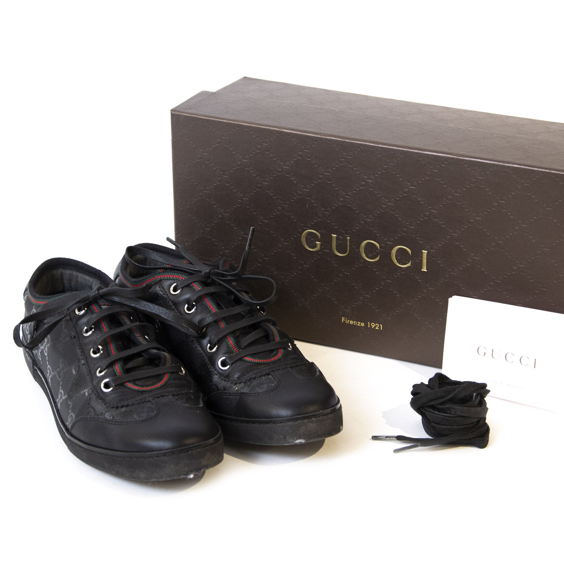 Gucci Black Monogram Sneakers with Red Green Detail