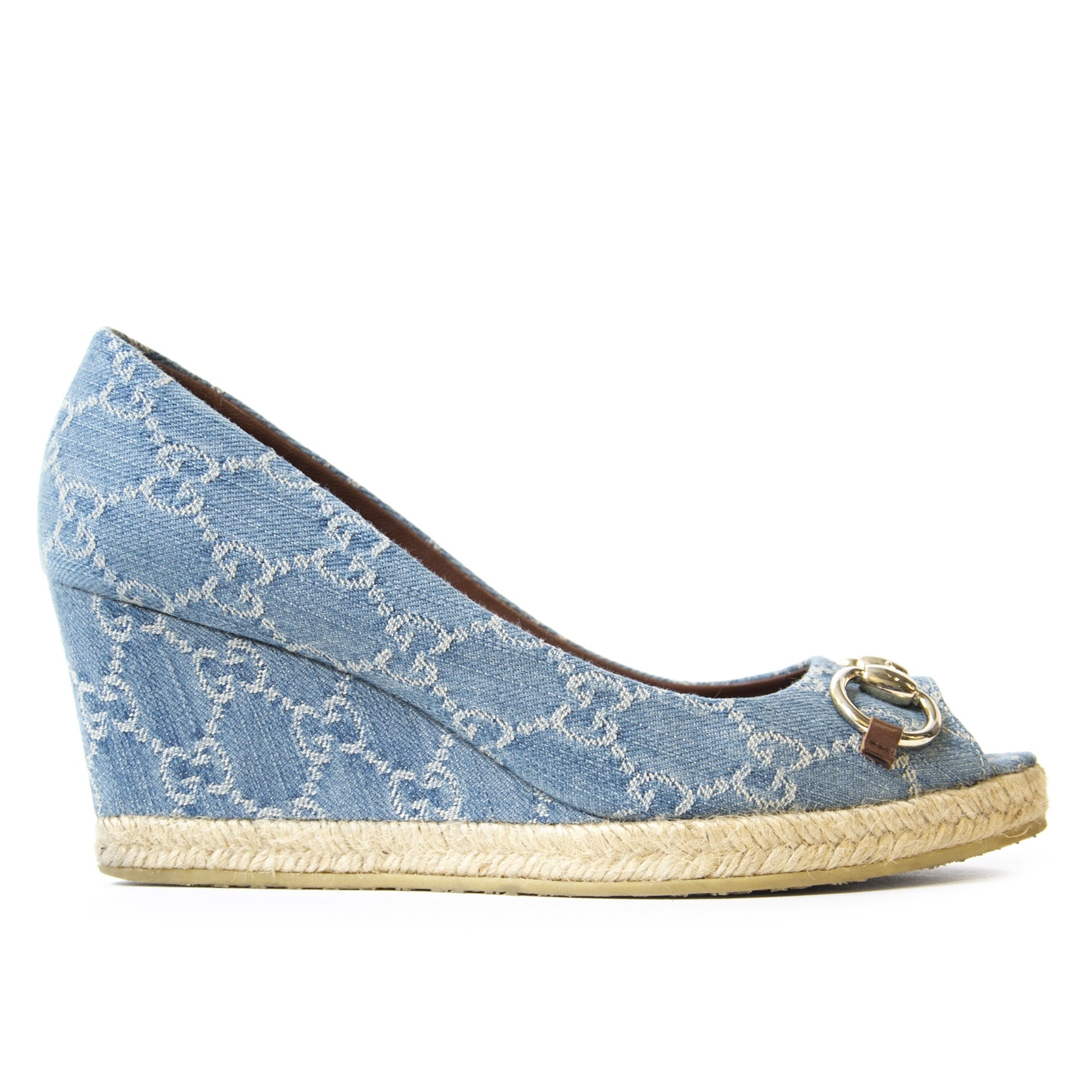 Authentieke Tweedehands Gucci Blue Denim Monogram Horsebit Open Toe Espadrille Wedges - Size 38 juiste prijs veilig online shoppen luxe merken webshop winkelen Antwerpen België mode fashion