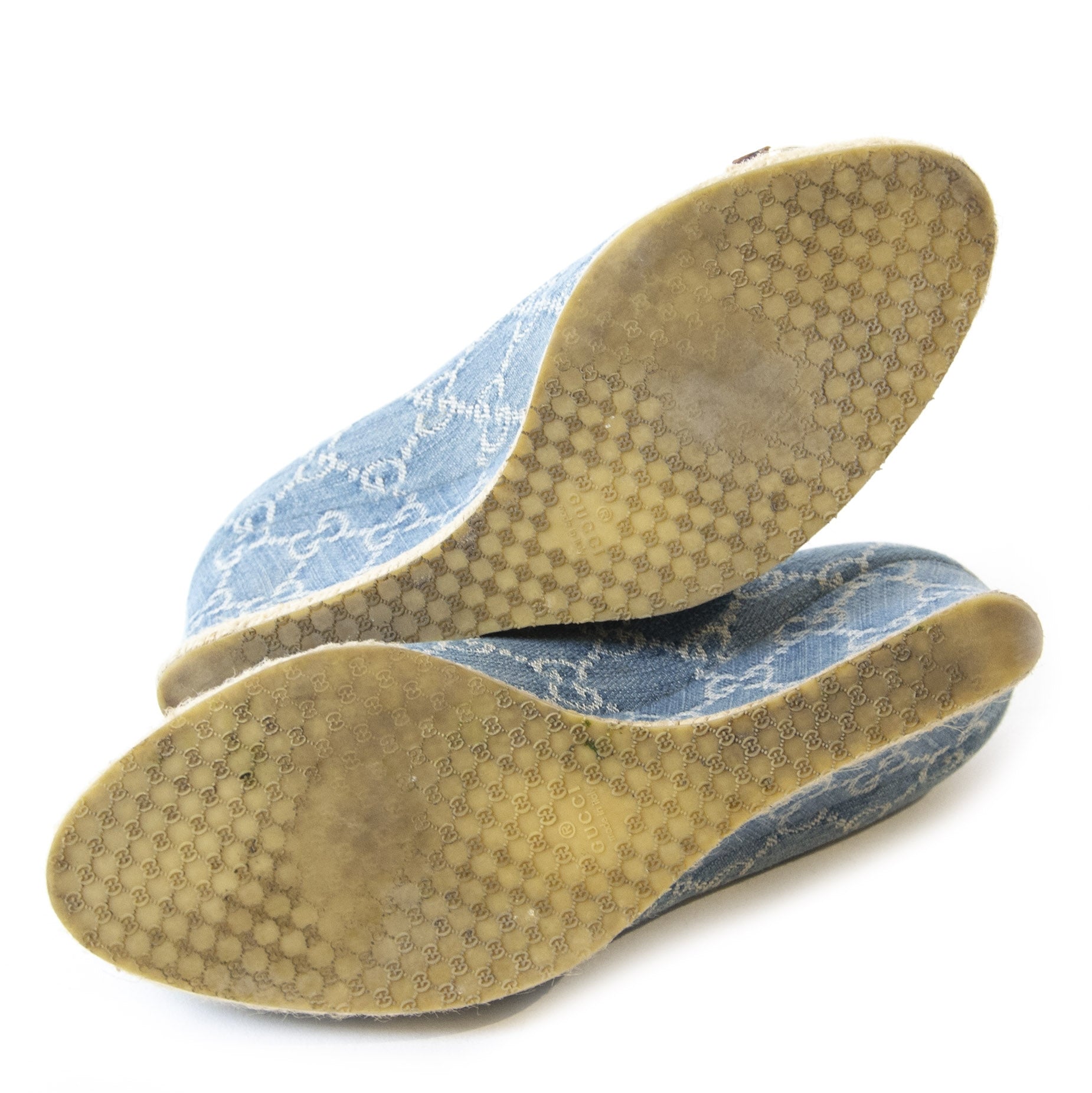 Authentieke Tweedehands Gucci Blue Denim Monogram Horsebit Open Toe Espadrille Wedges - Size 38 juiste prijs veilig online shoppen luxe merken webshop winkelen Antwerpen België mode fashion