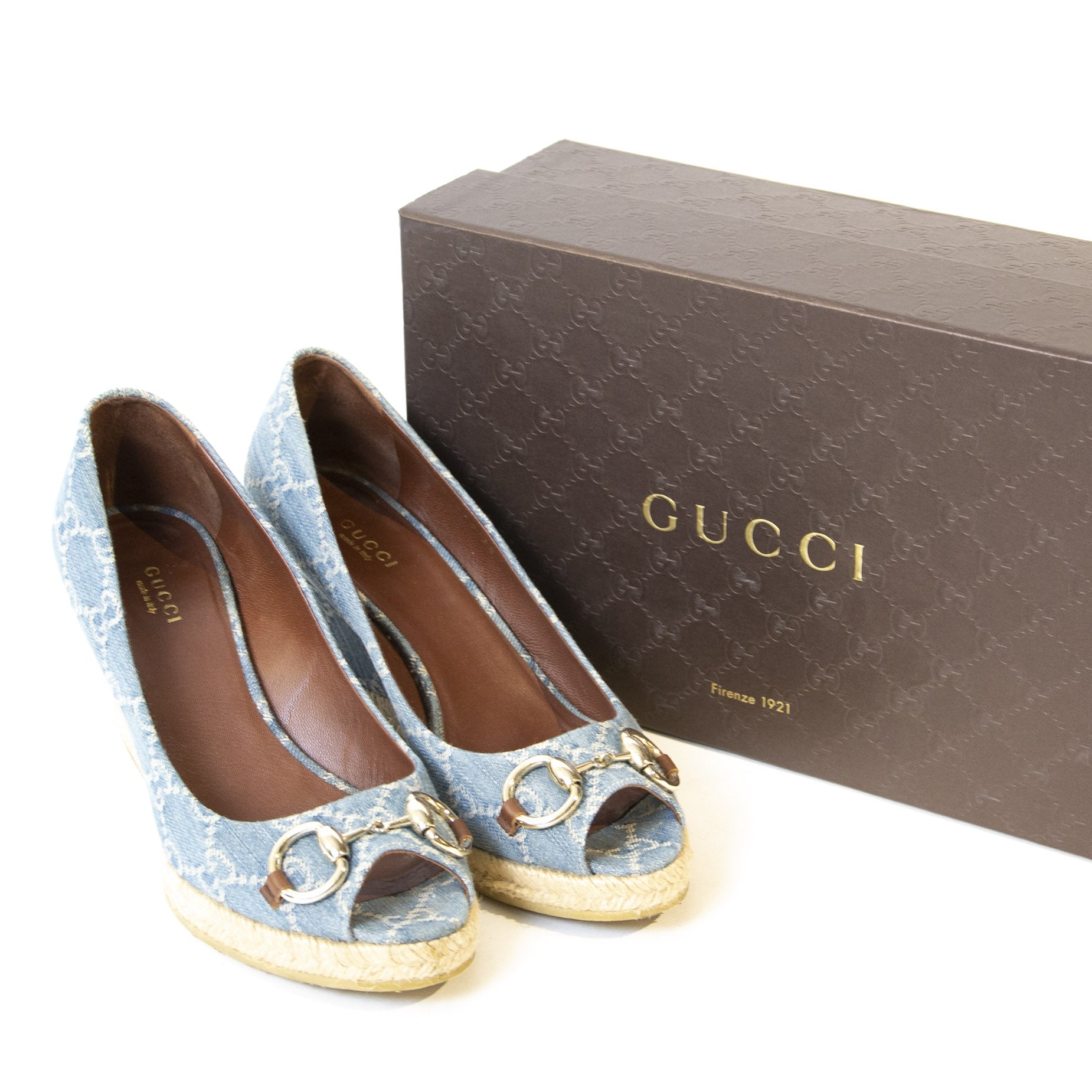 Authentieke Tweedehands Gucci Blue Denim Monogram Horsebit Open Toe Espadrille Wedges - Size 38 juiste prijs veilig online shoppen luxe merken webshop winkelen Antwerpen België mode fashion