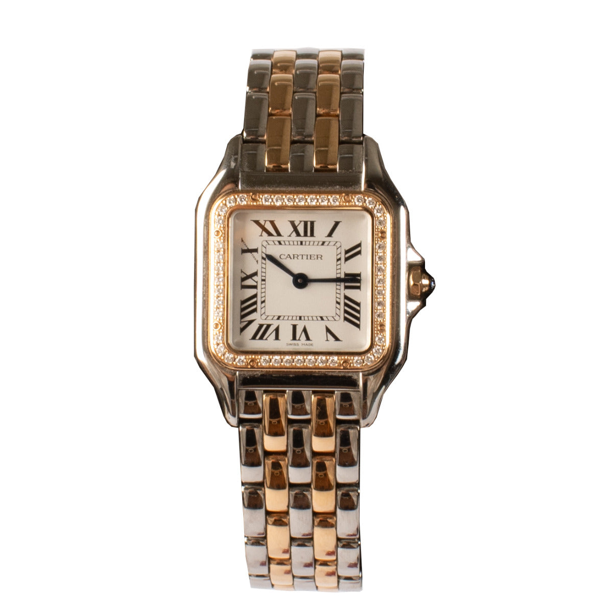 Montre Panthère de Cartier en acier et or rose, taille moyenne, sertie de diamants