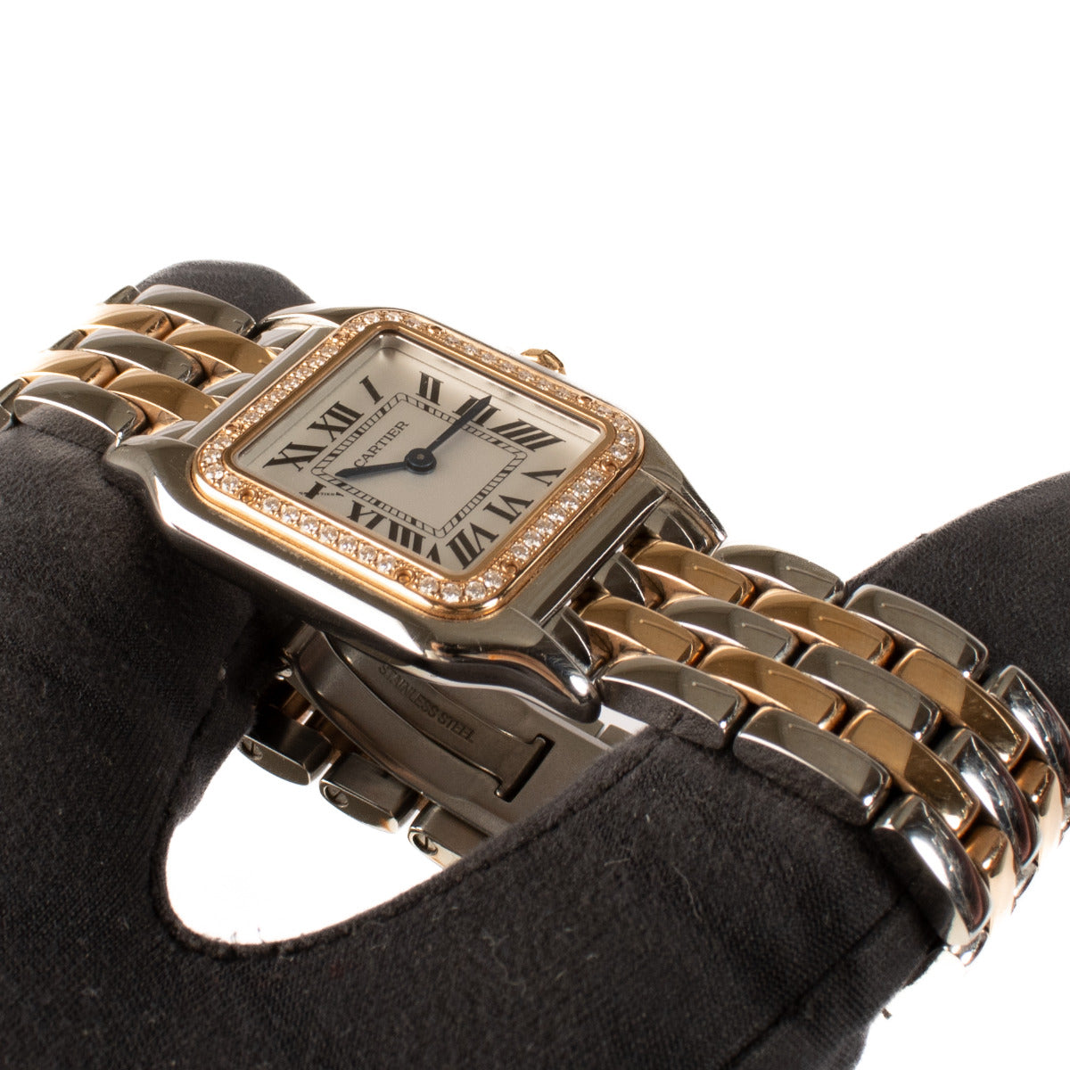Montre Panthère de Cartier en acier et or rose, taille moyenne, sertie de diamants