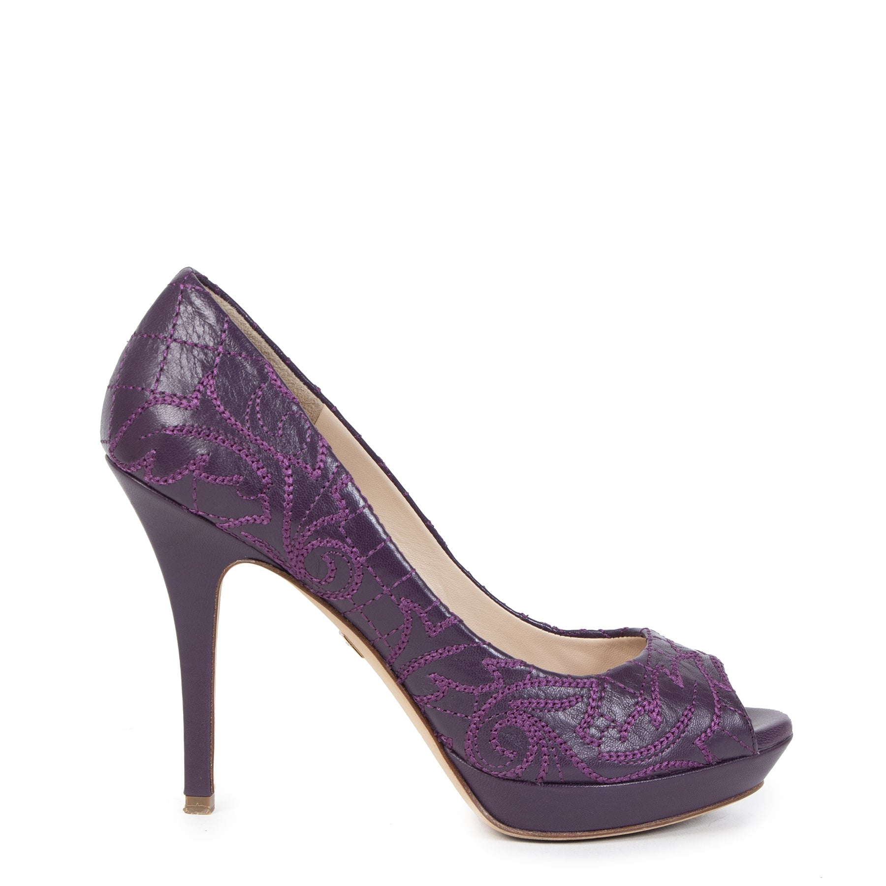 Buy secondhand Versace Purple Embroidered Leather Peep Toe Platform Pums - Size 37 at the right price online safe and secure at LabelLOV webshop luxury brand Antwerp Belgium
