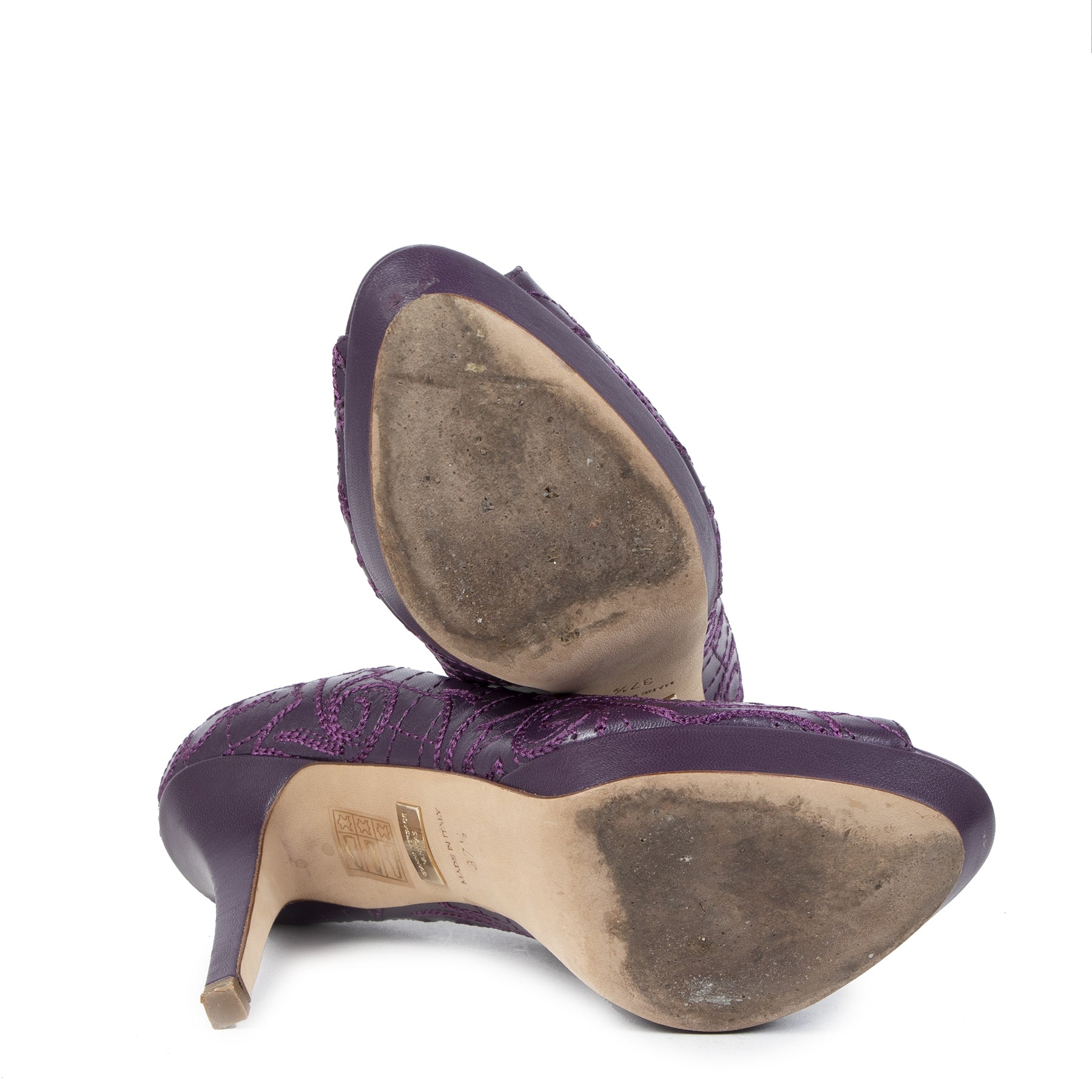 Versace Purple Embroidered Leather Peep Toe Platform Pumps - Size 37