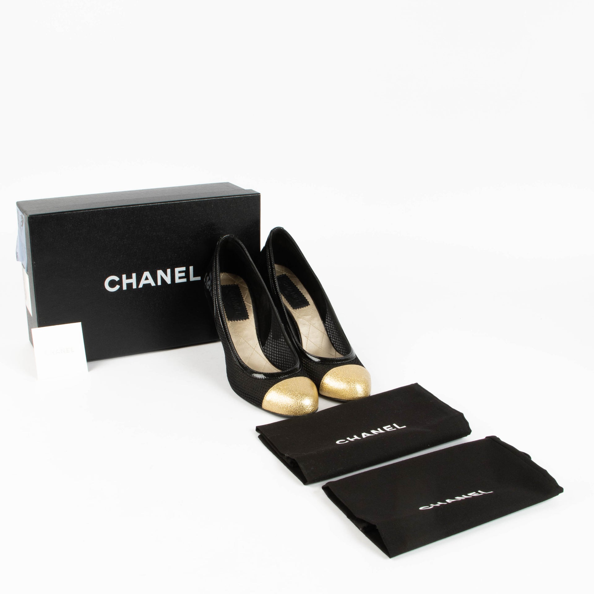Shop these authentic Chanel 10P Black/Gold Mesh Heels - Size 40 pre-loved on Labellov.com
