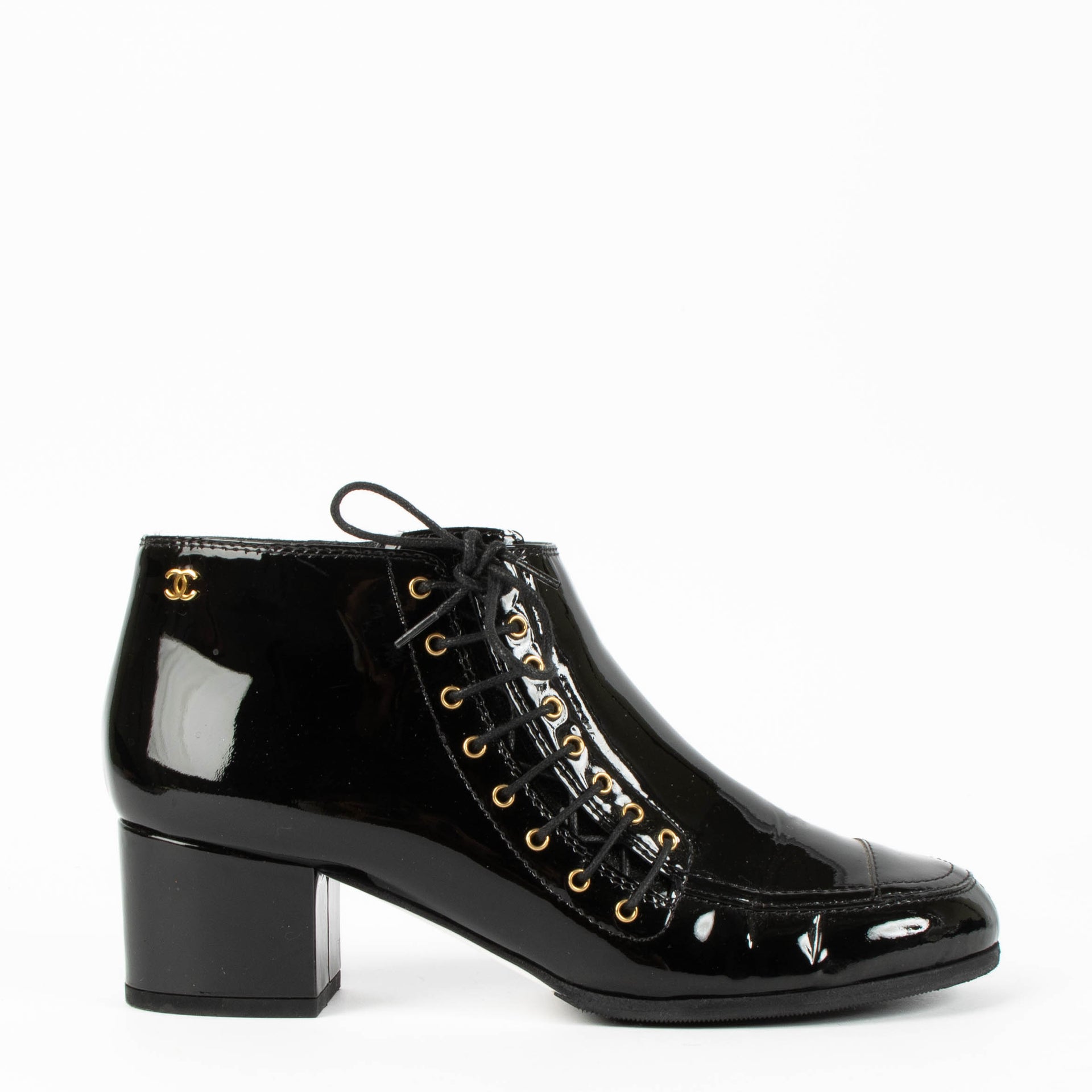 Shop this authentic Chanel 15A Black Patent Ankle Boots Size 38.5 pre-loved on Labellov.com