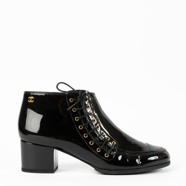 Chanel 15A Black Patent Ankle Boots Size 38.5 – Labellov