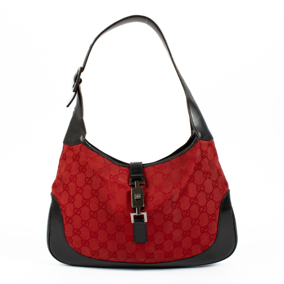 Shop safe online at Labellov in Antwerp, Brussels and Knokke this 100% authentic second hand Gucci Red GG Canvas Jackie Shoulder Bag. Veilig online tweedehands authentieke Gucci Red GG Canvas Jackie Shoulder handtas kopen bij Labellov.